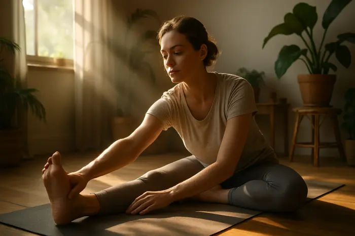 A person performing gentle yoga in a sunlit home space, dressed in comfortable clothing. Their face shows peaceful concentration as they stretch in a simple pose on a yoga mat. The room has plants and natural elements, creating a healing environment. Soft morning light streams through windows, highlighting the calm, restorative nature of the activity. The scene represents physical recovery from burnout through gentle movement. Photo-realistic, professional photography, high-resolution, natural lighting, authentic details.
