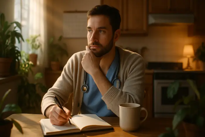 A healthcare worker sitting at a kitchen table with a journal and cup of tea, engaged in reflective writing. They're wearing casual clothes, looking thoughtful but not distressed. The kitchen is warm and inviting with plants and natural elements. A calendar on the wall suggests organization and planning. The scene captures the psychological healing phase of burnout recovery through structured reflection. No visible text appears in the journal or elsewhere. Photo-realistic, professional photography, high-resolution, natural lighting, authentic details.