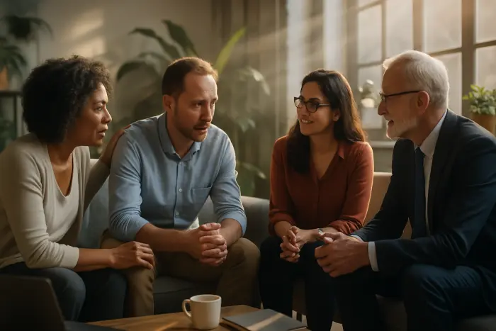 A diverse group of professionals in a bright co-working space engaged in a supportive conversation. They represent various ages, backgrounds and industries, dressed in different work attire styles. The space features plants, natural light, and a comfortable seating arrangement. Their body language shows active listening and encouragement - leaning in, nodding, making eye contact. The scene represents building a support network during career transition after burnout. Photo-realistic, professional photography, high-resolution, natural lighting, authentic details.