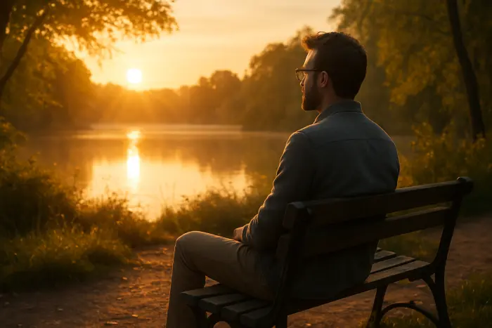 A person sitting peacefully on a park bench, gazing thoughtfully at a sunrise over a lake or natural setting. They're dressed in casual but neat attire, with a relaxed posture showing signs of contemplation and renewal. The warm morning light creates a hopeful atmosphere, symbolizing a new beginning after burnout. The scene conveys tranquility and healing through nature. No visible text, documents or writing materials appear in the scene. Photo-realistic, professional photography, high-resolution, natural lighting, authentic details.