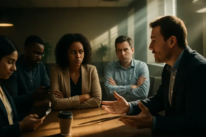 A diverse group of professionals in a modern meeting space showing clear signs of workplace toxicity. Some appear disengaged, looking at phones rather than participating. One person speaks while others exchange skeptical glances. Body language shows crossed arms and physical distance between team members. The environment features institutional lighting that creates harsh shadows, emphasizing the strained atmosphere. No visible documents or text elements. The composition captures the emotional disconnect through facial expressions and positioning. Photo-realistic, professional photography, high-resolution, natural lighting, authentic details.