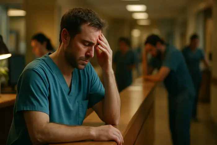 A healthcare professional in scrubs stands at a nursing station with visible signs of workplace strain. Their posture shows exhaustion - shoulders slumped, hand rubbing temple. The background shows a busy hospital environment with other staff members appearing similarly stressed. The lighting is institutional but with warm elements highlighting the human aspect of the scene. No charts, paperwork or text elements visible. The composition captures both isolation within a team environment and the physical manifestations of workplace toxicity through body language and facial expression. Photo-realistic, professional photography, high-resolution, natural lighting, authentic details.