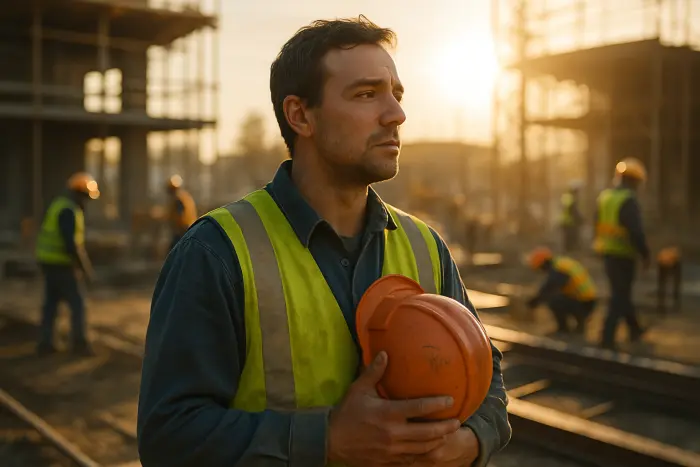 A construction worker in safety gear stands at a worksite looking thoughtfully toward the horizon during a break. The person has removed their hard hat and appears to be in a moment of reflection. Their expression shows contemplation about their professional future. The background shows other workers engaged in various tasks, creating context about the working environment. The scene is bathed in early morning or late afternoon light, creating a visually compelling atmosphere with natural shadows and highlights. The contrast between the active site and the worker's moment of stillness creates visual tension that represents career decision-making. Photo-realistic, professional photography, high-resolution, natural lighting, authentic details.