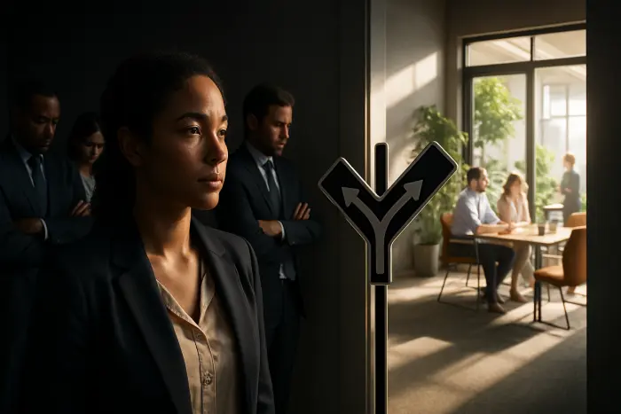 A diverse group of professionals stands at a crossroads in a modern office environment. In the foreground, a woman with a contemplative expression looks toward a bright, open doorway leading to a sunlit space with thriving plants and collaborative workspaces. Behind her, the current office appears dimly lit with visible tension among colleagues who avoid eye contact. The contrast between the environments is striking - one side shows stressed body language and isolation, while the other shows connection and growth potential. The lighting creates a visual metaphor with shadows behind and warmth ahead. Photo-realistic, professional photography, high-resolution, natural lighting, authentic details.