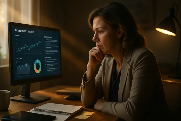 A professional woman sitting at a desk with a thoughtful, slightly concerned expression as she analyzes data on a computer screen displaying AI-generated insights and recommendations. The workspace shows both digital and analog tools - notebooks, digital tablet, and sticky notes with handwritten priorities. The setting has warm, natural lighting from a nearby window, creating a contemplative atmosphere. The woman appears to be in her mid-40s, wearing business casual attire appropriate for a modern workplace. Her posture and expression convey the internal process of evaluating AI's impact on her work. Photo-realistic, professional photography, high-resolution, natural lighting, authentic details.