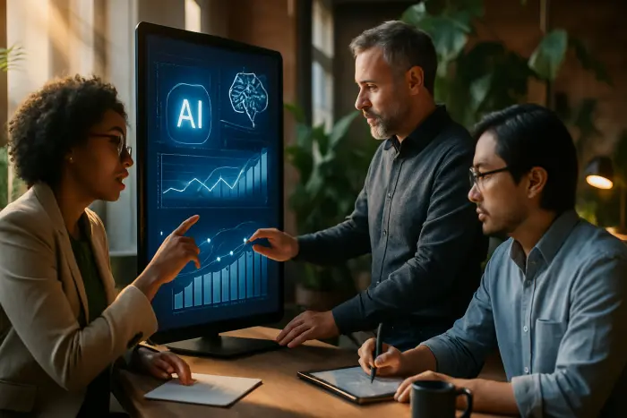 A diverse group of three professionals collaboratively working with AI tools in a modern co-working space. They gather around a large touchscreen display showing data visualizations and AI analysis, with one person pointing to insights while another takes notes on a tablet. The third team member operates controls on the screen. The environment features plants, natural light, and a casual professional atmosphere. Their body language shows engagement and teamwork rather than anxiety. The professionals represent different ages, backgrounds, and attire styles appropriate for various workplace settings. The scene emphasizes human-AI collaboration rather than replacement. Photo-realistic, professional photography, high-resolution, natural lighting, authentic details.
