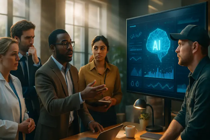 A diverse group of professionals gathered in a modern workspace, engaged in a collaborative discussion around a digital display showing AI analytics visualization. One person is gesturing thoughtfully toward the screen while others show mixed expressions of concern, curiosity, and determination. The setting features a bright, open office with large windows allowing natural light to illuminate the scene. Various career fields are represented through diverse attire and accessories, including both traditional office wear and more casual professional clothing. The atmosphere conveys both challenge and opportunity, with subtle visual elements suggesting technological transformation. Photo-realistic, professional photography, high-resolution, natural lighting, authentic details.