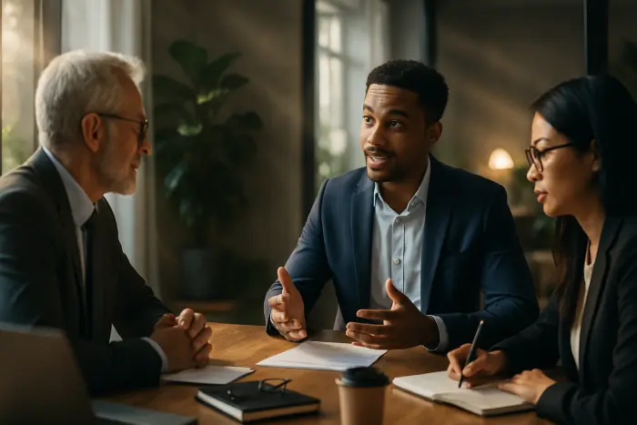 A diverse group of three professionals of different ages and backgrounds engaged in a job interview discussion in a modern, bright office space. One person (the interviewer) is listening attentively while another (the candidate) is speaking confidently with positive body language, gesturing slightly with hands. The third person is taking notes. The setting shows a collaborative atmosphere with plants and natural lighting. The candidate appears composed while explaining something important. Photo-realistic, professional photography, high-resolution, natural lighting, authentic details.