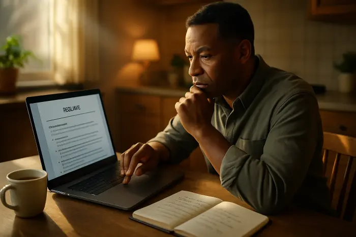 A person of color in their 40s sitting at a kitchen table with a laptop open to a resume document. They're wearing casual but neat attire and have a thoughtful expression while editing their employment history section. Coffee cup and notebook with bullet points visible nearby. The environment suggests a comfortable home workspace with warm lighting. The person appears determined and focused on crafting their professional narrative. No visible text on any documents or screens. Photo-realistic, professional photography, high-resolution, natural lighting, authentic details.