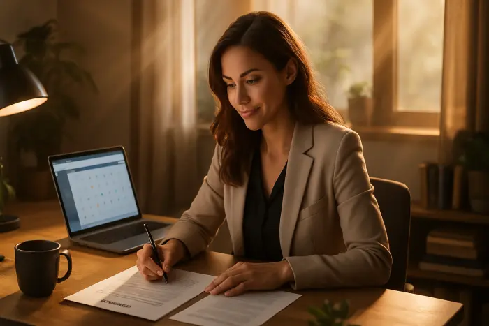 A professional woman in business casual attire sits at a modern desk in a home office environment, reviewing her resume and making notes. Her expression is confident and focused as she prepares for an upcoming job interview. Beside her is a laptop displaying a calendar with interview appointments. The space is warm and organized with natural light streaming through a window, creating a positive atmosphere. Photo-realistic, professional photography, high-resolution, natural lighting, authentic details.