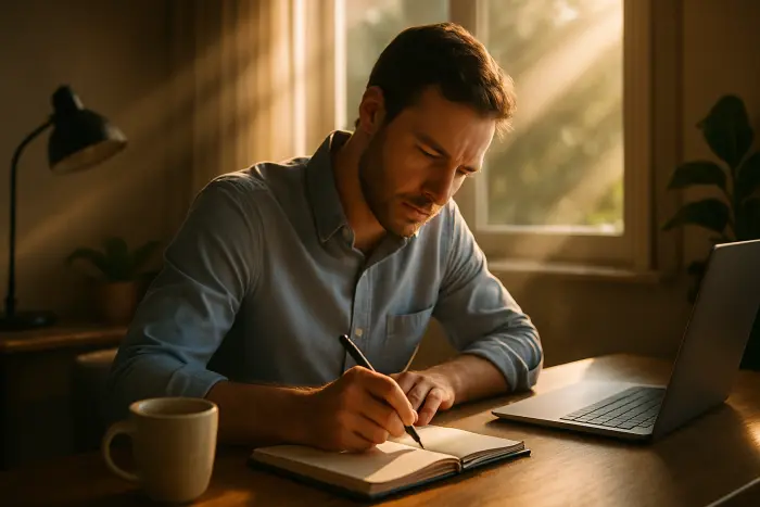 A person in business casual attire sitting at a desk with a notebook and pen, preparing notes for an exit interview. The workspace is organized with a laptop to one side and a cup of coffee nearby. The person has a focused, thoughtful expression as they write down key points and reflection notes. The setting shows a home office environment with natural light coming through a window, creating a warm, productive atmosphere. There are no visible documents with text, just the person actively preparing their thoughts. Photo-realistic, professional photography, high-resolution, natural lighting, authentic details.