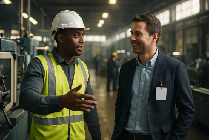 Two professionals in a manufacturing facility having a conversation near machinery. One person wears a safety vest and hard hat while the other is in business casual attire with a visitor badge. They're engaged in discussion with positive body language - the safety-equipped worker is gesturing toward equipment while the visitor nods with interest. The industrial setting shows workers in the background operating equipment. The lighting combines overhead industrial lights with some natural light from high windows. This represents an exit interview happening in a non-traditional office environment where the departing employee is sharing insights about operational processes. Photo-realistic, professional photography, high-resolution, industrial setting, authentic workplace details.