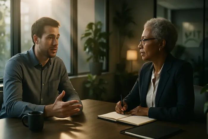 A professional setting where an exit interview is taking place. Two people are engaged in conversation across a modern conference table - one person (the departing employee) is dressed in business casual attire with a thoughtful expression while gesturing slightly with one hand. The other person (the HR representative) is actively listening with a notepad nearby. The room has large windows with natural light streaming in, creating a bright but calm atmosphere. The background shows a contemporary office with subtle branding elements and plants. Both individuals represent workplace diversity with different ages and appearances. Their body language shows engagement and professionalism without tension. Photo-realistic, professional photography, high-resolution, natural lighting, authentic details. A professional setting where an exit interview is taking place. Two people are engaged in conversation across a modern conference table - one person (the departing employee) is dressed in business casual attire with a thoughtful expression while gesturing slightly with one hand. The other person (the HR representative) is actively listening with a notepad nearby. The room has large windows with natural light streaming in, creating a bright but calm atmosphere. The background shows a contemporary office with subtle branding elements and plants. Both individuals represent workplace diversity with different ages and appearances. Their body language shows engagement and professionalism without tension. Photo-realistic, professional photography, high-resolution, natural lighting, authentic details.