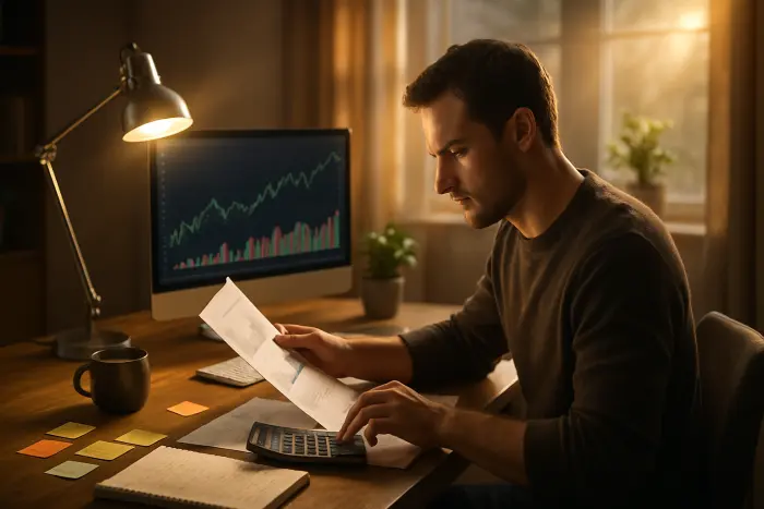 A person reviewing financial documents at a modern home office desk with a calculator, computer showing investment charts, and a notebook with handwritten notes. The individual has a focused expression while analyzing their financial progress. Several colorful sticky notes are visible on the desk with numbers but no readable text. The room has warm natural lighting coming through large windows, creating an atmosphere of productivity and purpose. Photo-realistic, professional photography, high-resolution, natural lighting, authentic details.