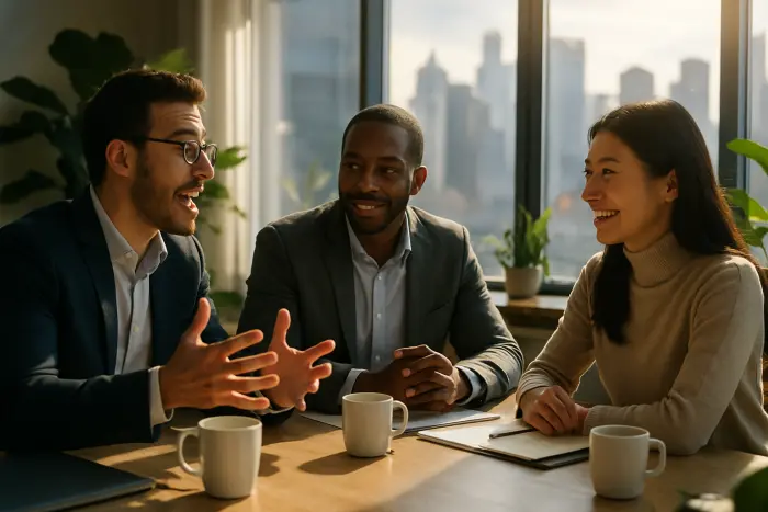 A diverse group of three professionals having an animated conversation in a bright, modern co-working space. They're gathered around a table with coffee cups, and one person is gesturing enthusiastically while explaining something to the others. The others are nodding with interested expressions. Through nearby windows, you can see a vibrant city skyline. The space features plants and modern furniture, creating a collaborative atmosphere. Their body language suggests they're discussing important financial strategies or career options. Photo-realistic, professional photography, high-resolution, natural lighting, authentic details.