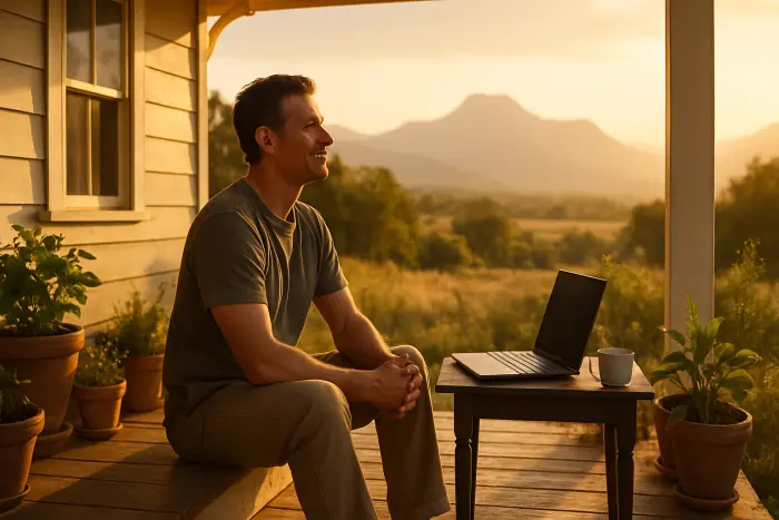 A serene scene of a person enjoying their financial freedom. They sit on the porch of a modest but beautiful home, looking out at a natural landscape with mountains in the distance. A laptop rests on a small table nearby, suggesting they can work by choice rather than necessity. Their relaxed posture and slight smile convey contentment and peace. The golden hour lighting creates a warm, hopeful atmosphere. Several potted plants and a cup of tea complete the scene, symbolizing growth and tranquility. Photo-realistic, professional photography, high-resolution, natural lighting, authentic details.