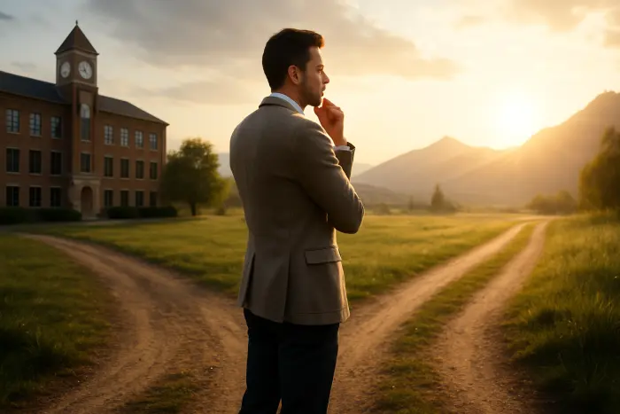 A thoughtful professional standing at a crossroads with two paths clearly visible. One path leads toward a traditional office building with a clock tower (representing conventional employment), while the other leads toward a bright, open landscape with mountains and sunshine (representing financial freedom). The person is dressed in smart-casual attire, looking contemplatively toward the open path. Their posture shows confidence and consideration. The lighting creates a warm glow on the freedom path while the office path appears slightly dimmer. No visible text or documents appear anywhere in the image. Photo-realistic, professional photography, high-resolution, natural lighting, authentic details.