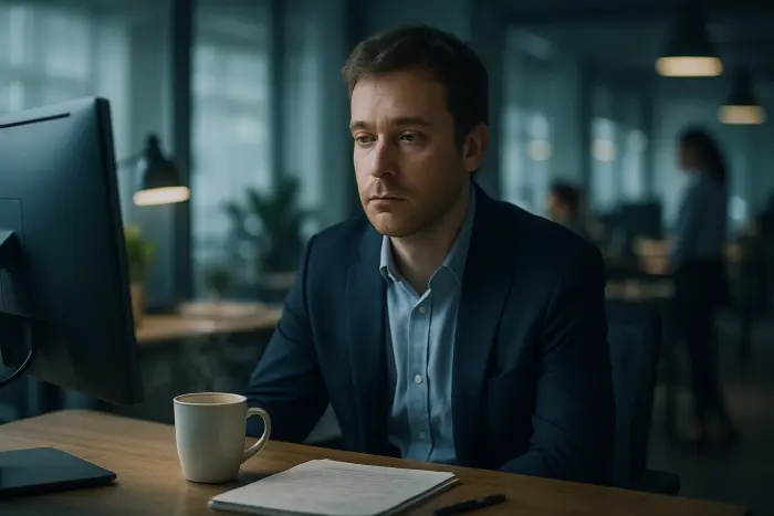 A professional looking disengaged at their desk, staring blankly at a computer screen in a modern office environment. Their posture shows disconnection - shoulders slumped, eyes unfocused. Around them, the office appears active but they seem isolated within it. The lighting is flat and cool, emphasizing emotional distance. On their desk sits an untouched coffee and neglected notes. Their expression shows neither distress nor engagement - just absence. The contrast between the busy environment and their psychological withdrawal is evident. Photo-realistic, professional photography, high-resolution, natural lighting, authentic details.