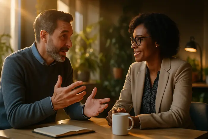 Two professionals engaged in a meaningful one-on-one conversation in a casual workplace setting. They sit at a small table in a bright office breakroom with plants visible in the background. Both are leaning in slightly, showing active listening and engagement. One person is gesturing expressively while speaking, the other nodding with genuine interest. Their body language shows reconnection - good eye contact, open postures, and authentic facial expressions. The atmosphere feels warm and collaborative rather than formal. The image captures the moment of rebuilding workplace relationships through intentional conversation. Photo-realistic, professional photography, high-resolution, natural lighting, authentic details.