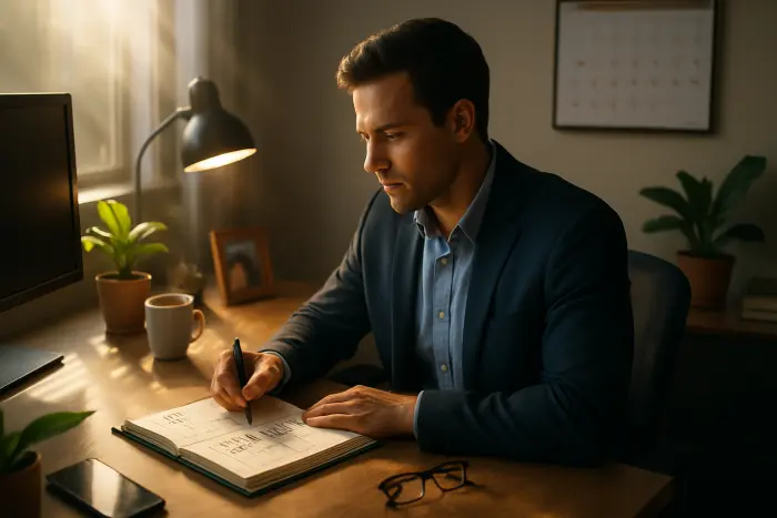 A professional at their desk implementing a structured recovery plan from workplace detachment. They're actively engaged with a physical notebook where they've created a visible 30-60-90 day roadmap with clear sections and checkmarks by completed items. Their workspace shows signs of renewed engagement - organized materials, a small plant, and personalized items. Their posture is upright and focused, with an expression of determination rather than resignation. The environment shows a balance of professionalism and personality. A calendar with highlighted dates is visible, suggesting scheduled engagement activities and milestones. Photo-realistic, professional photography, high-resolution, natural lighting, authentic details.