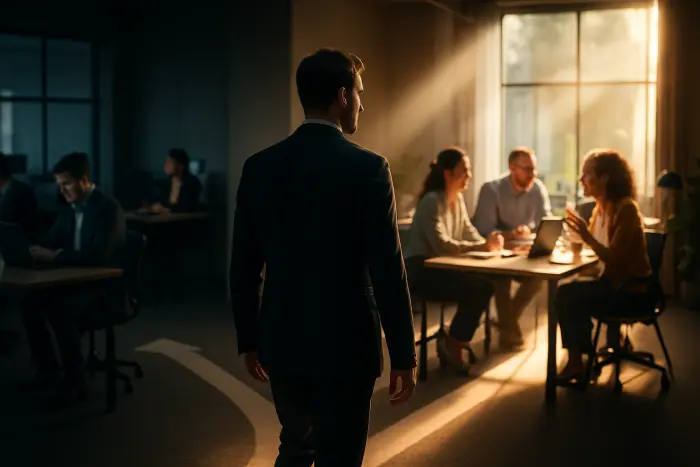 A professional stands at a crossroads in an office environment, looking thoughtful and contemplative. One path leads to a dimly lit, gray workspace with disconnected, expressionless colleagues working in isolation. The other path leads to a vibrant, collaborative space with engaged professionals working together with animated expressions. The subject is taking a step toward the brighter path, symbolizing the choice to overcome detachment. The lighting creates dramatic contrast between the two paths, with warm, natural light illuminating the engagement path. The composition shows both potential futures clearly while focusing on the moment of decision. Photo-realistic, professional photography, high-resolution, natural lighting, authentic details.