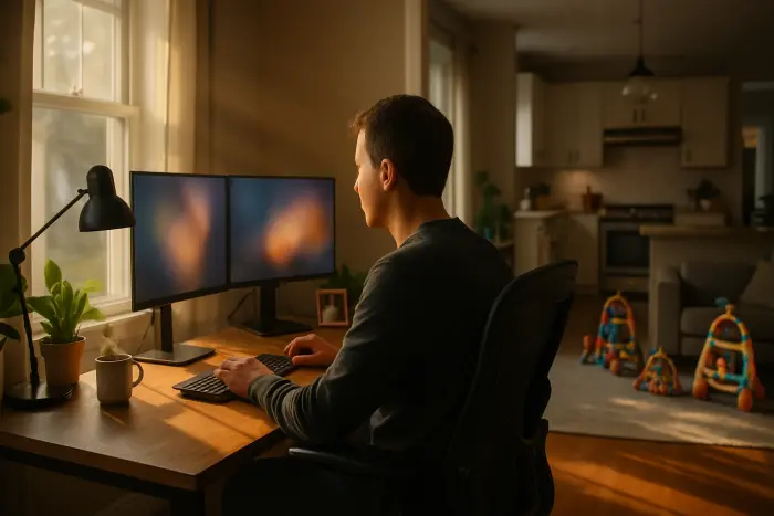 A professional home office setup adjacent to a family living space, showing the integration of work and home life. A person is working productively at an ergonomic desk with dual monitors while natural light streams through nearby windows. The space is personalized with plants and family photos, demonstrating a comfortable work environment. In the background, glimpses of home life are visible - children's toys neatly arranged and a kitchen area. The scene conveys work-life integration and the benefits of remote work flexibility without any visible documents or text. Photo-realistic, professional photography, high-resolution, natural lighting, authentic details.