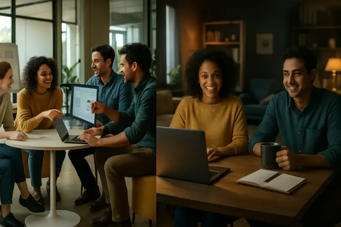 A split-screen comparison showing two different work scenarios. On one side, a diverse group of professionals collaborating in a modern, flexible office space with movable furniture and collaborative technology. They appear engaged and energized, working together on a creative project. On the other side, the same professionals connecting virtually via video conference, each in their unique home environments, equally engaged in their collaboration. The image illustrates effective teamwork happening in both in-person and remote contexts, showing that meaningful collaboration can occur in multiple settings. No visible documents, screens with text, or written materials appear in the image. Photo-realistic, professional photography, high-resolution, natural lighting, authentic details.