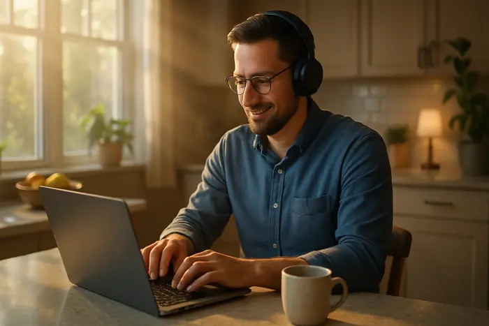 A professional dressed in business casual attire sitting at a kitchen counter with a laptop, appearing productive and focused. They're wearing headphones and typing, with a genuine expression of concentration. A cup of coffee sits nearby. Through nearby windows, morning light creates a warm, productive atmosphere. The background shows subtle signs of home life - a fruit bowl, a plant, personal touches that wouldn't exist in an office. The person's posture and expression convey contentment with their work arrangement. The scene represents the flexibility of working from home and the integration of professional responsibilities with personal environment, without any visible text elements. Photo-realistic, professional photography, high-resolution, natural lighting, authentic details.