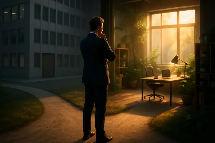 A professional standing at a crossroads between two paths - one leading to a traditional office building with rigid structure, the other leading to a modern, open workspace with natural elements. The person appears contemplative, looking between both options with a thoughtful expression. Their posture suggests they're weighing an important decision. The lighting creates a warm glow on the flexible workspace path while the traditional office path appears slightly cooler and more structured. The scene captures the moment of decision between different work approaches without any visible text or documents. Photo-realistic, professional photography, high-resolution, natural lighting, authentic details.