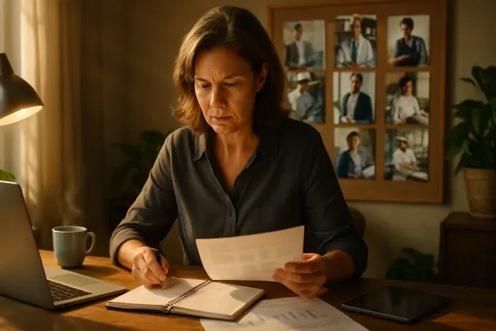 A midcareer professional woman in her late 40s sitting at a home desk, reviewing documents spread out before her. She's surrounded by both digital tools (laptop, tablet) and traditional planning materials (notebook, calendar). Her expression shows focused determination as she maps out potential career paths. Behind her is a mood board with inspirational images representing different career options. The setting is a comfortable home office with warm lighting and personal touches that suggest established life experience. The scene conveys the thoughtful assessment phase of career reinvention. Photo-realistic, professional photography, high-resolution, natural lighting, authentic details.