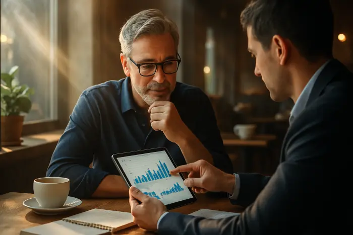 A midcareer professional man in his early 50s meeting with a financial advisor in a casual coffee shop setting. They're reviewing financial projections on a tablet while surrounded by notebooks and planning materials. The man appears engaged and thoughtful while the advisor points to specific figures on the screen. The setting shows a blend of professional discussion in a relaxed environment, with coffee cups and natural light creating a warm atmosphere. Their body language suggests collaborative planning rather than stress or worry. The scene represents the financial planning aspect of career transition. Photo-realistic, professional photography, high-resolution, natural lighting, authentic details.