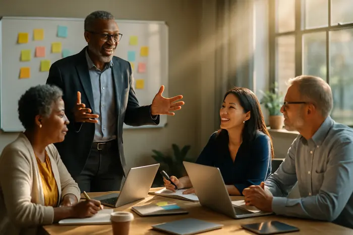 A diverse group of midcareer professionals in their 40s and 50s engaged in a collaborative workshop setting. The image shows people of different ethnicities, genders, and professional styles working together around a modern conference table with digital devices and colorful sticky notes on a whiteboard. Some participants are standing, gesturing with enthusiasm while explaining ideas, while others are seated, listening attentively and taking notes. The space features large windows with natural light streaming in, creating a warm, optimistic atmosphere. The setting suggests professional development and career transition planning. Photo-realistic, professional photography, high-resolution, natural lighting, authentic details. A diverse group of midcareer professionals in their 40s and 50s engaged in a collaborative workshop setting. The image shows people of different ethnicities, genders, and professional styles working together around a modern conference table with digital devices and colorful sticky notes on a whiteboard. Some participants are standing, gesturing with enthusiasm while explaining ideas, while others are seated, listening attentively and taking notes. The space features large windows with natural light streaming in, creating a warm, optimistic atmosphere. The setting suggests professional development and career transition planning. Photo-realistic, professional photography, high-resolution, natural lighting, authentic details.