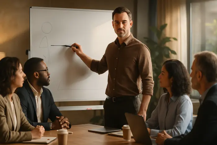 A person standing confidently at a whiteboard in a meeting room, drawing a clear line to represent boundary setting. They're using body language that conveys assertiveness without aggression - shoulders back, making eye contact with colleagues seated around a table. The diverse group of professionals shows expressions of understanding and respect. The setting is a modern workplace with warm lighting and plants visible in the background. The whiteboard contains no text, only simple line drawings. The scene captures the moment of constructive boundary-setting rather than withdrawal. Photo-realistic, professional photography, high-resolution, natural lighting, authentic details.