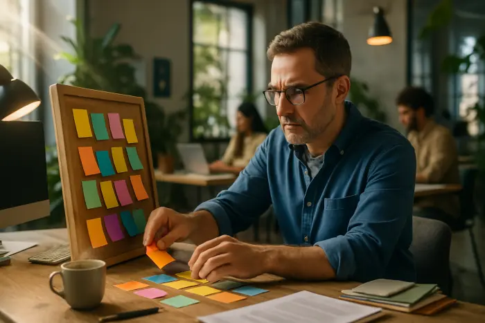 A professional in a creative workspace engaged in job crafting activities. They're rearranging colorful task cards on a physical board, visibly prioritizing and reorganizing their responsibilities. The person shows an expression of thoughtful determination rather than frustration. The workspace includes elements suggesting different types of work - a computer, physical materials, and collaborative tools. Other team members can be seen in the background engaged in their own work. The environment is bright with natural lighting, plants, and modern design elements. The scene captures the active process of reshaping one's role rather than disengaging from it. Photo-realistic, professional photography, high-resolution, natural lighting, authentic details.
