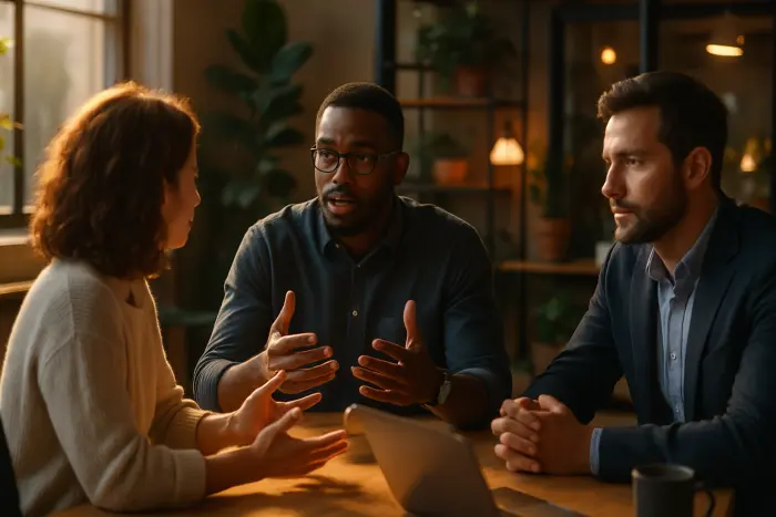 A diverse group of four professionals engaged in a constructive workplace conversation in a modern open office environment. They're seated around a collaborative workspace with natural light streaming through large windows. Two people are actively discussing while gesturing expressively, showing engagement rather than withdrawal. The others are listening attentively with thoughtful expressions. The scene conveys active problem-solving rather than disengagement. The environment includes plants, collaborative design elements, and a warm color palette that creates an inviting atmosphere. No visible documents, papers, or text-based materials are present. Photo-realistic, professional photography, high-resolution, natural lighting, authentic details. A diverse group of four professionals engaged in a constructive workplace conversation in a modern open office environment. They're seated around a collaborative workspace with natural light streaming through large windows. Two people are actively discussing while gesturing expressively, showing engagement rather than withdrawal. The others are listening attentively with thoughtful expressions. The scene conveys active problem-solving rather than disengagement. The environment includes plants, collaborative design elements, and a warm color palette that creates an inviting atmosphere. No visible documents, papers, or text-based materials are present. Photo-realistic, professional photography, high-resolution, natural lighting, authentic details.