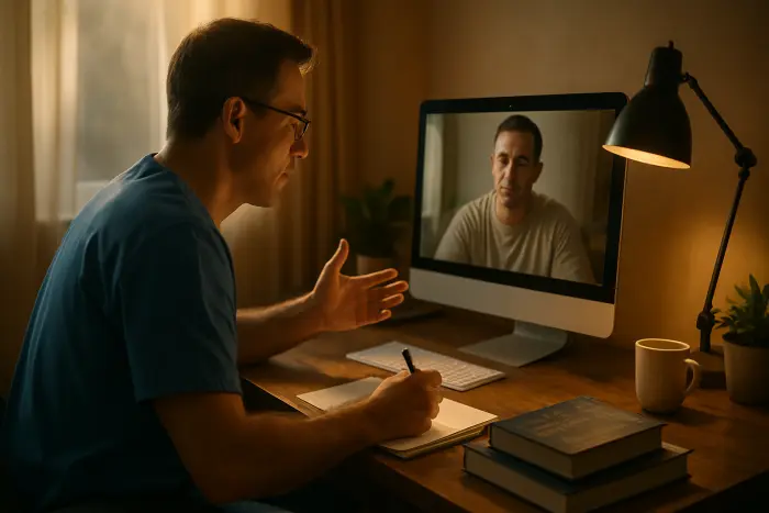 A healthcare professional wearing scrubs conducts a telehealth consultation from a home office setup. They're speaking with a patient on a computer screen, demonstrating remote work outside traditional office settings. The workspace is organized with medical reference materials and a notepad. The scene shows how specialized professionals can transition to remote work while maintaining their expertise. Warm, natural lighting creates a professional yet approachable atmosphere. Photo-realistic, professional photography, high-resolution, natural lighting, authentic details.
