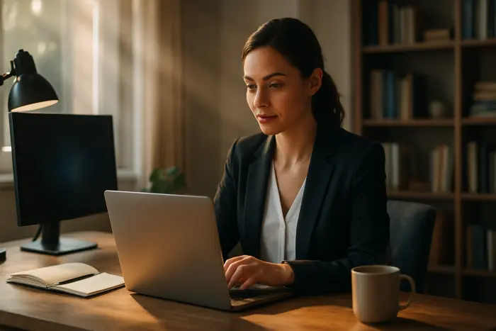 A professional woman sits at a well-organized home office desk, focused on her laptop. She's wearing business casual attire and has a confident expression. The workspace includes a second monitor, notebook, and coffee mug. Natural light streams through a nearby window, illuminating the productive environment. In the background, there are neatly arranged bookshelves and a small plant. The scene conveys the balance of professionalism and comfort in a remote work setting. Photo-realistic, professional photography, high-resolution, natural lighting, authentic details.