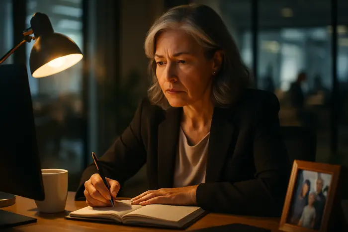 A close-up of a professional woman in her mid-50s with silver-streaked hair at her desk, looking thoughtfully at her computer screen while taking notes in a journal. Her expression shows determination mixed with concern. Her workspace is organized with professional items like a planner, coffee mug, and family photo. The lighting is warm but professional, coming from a desk lamp and natural window light. The background shows a modern office environment with subtle activity. The image conveys the emotional weight of documenting workplace concerns while maintaining professionalism. Photo-realistic, professional photography, high-resolution, natural lighting, authentic details.