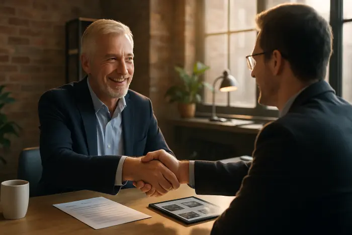 A confident professional man in his early 60s wearing business casual attire (navy blazer, light blue shirt) shaking hands with a hiring manager in a bright, modern interview space. The setting is a creative office environment with architectural elements like exposed brick and large windows providing natural light. Both individuals display positive body language and genuine smiles, suggesting a successful meeting. On the table between them are resume materials and a tablet showing portfolio work (no visible text). The scene conveys professional respect and mutual interest rather than age-related tension. Photo-realistic, professional photography, high-resolution, natural lighting, authentic details.