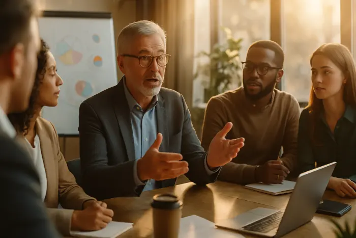 A diverse professional office meeting where an experienced worker in their late 50s (wearing business casual attire) is actively contributing to a discussion while younger colleagues listen attentively. The experienced professional is gesturing confidently while speaking, showing engagement and authority. The meeting room has large windows with natural light streaming in, creating a warm, positive atmosphere. Other team members of various ages show expressions of respect and consideration. The setting includes modern office elements like a whiteboard with colorful diagrams (no text) and plants that create a vibrant workspace. Photo-realistic, professional photography, high-resolution, natural lighting, authentic details.
