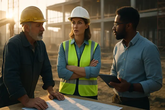 A diverse construction site meeting. A female project manager in a hard hat and safety vest stands confidently with arms crossed, speaking with two colleagues - one older male in work clothes and one younger person of color in business casual with tablet. They're gathered around building plans spread on a temporary table. The background shows an active construction site with equipment and partially completed structures. The atmosphere conveys professional discussion during a transition period. Photo-realistic, professional photography, high-resolution, natural lighting, authentic details.