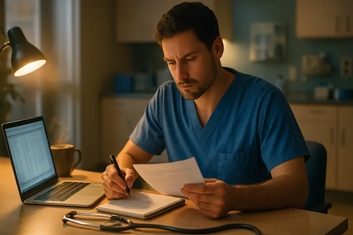 A healthcare professional in scrubs sitting at a desk in a break room, reviewing documents with focused expression. The individual is preparing notes on a notepad beside a laptop showing spreadsheet data. A stethoscope rests nearby. The environment shows a modern healthcare facility with subtle medical equipment visible in the background. Warm lighting creates a thoughtful atmosphere as they prepare for an important conversation. The scene captures the preparation moment before a negotiation meeting. Photo-realistic, professional photography, high-resolution, natural lighting, authentic details.