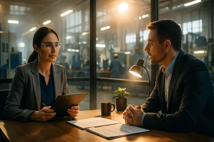 A professional negotiation scene in a modern manufacturing facility. A mid-career woman in safety glasses and business casual attire with a clipboard sits across from a manager in a small meeting room with glass walls. Both have confident but respectful expressions as they review documents on the table between them. Industrial equipment and workers visible in the background through windows. The lighting is bright but natural, creating a serious but not tense atmosphere. Photo-realistic, professional photography, high-resolution, natural lighting, authentic details.