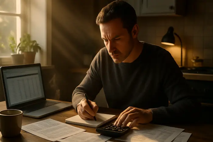 A person sitting at a kitchen table with a notepad and calculator, reviewing financial documents and making notes. Their expression shows focused concentration as they analyze numbers. A laptop displays a spreadsheet with income projections. A cup of coffee sits nearby. The scene conveys the serious financial planning required before transitioning to contract work. Warm morning light filters through kitchen windows, creating a thoughtful atmosphere. Photo-realistic, professional photography, high-resolution, natural lighting, authentic details.