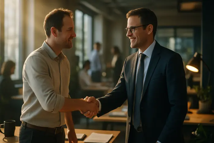 A professional handshake between two people in a modern office setting, symbolizing a positive, respectful departure. One person wears business casual attire while the other is dressed slightly more formally. Their facial expressions show mutual respect and appreciation. The background shows a bright, contemporary workspace with other professionals visible but out of focus. The handshake represents maintaining professional bridges during career transitions. Photo-realistic, professional photography, high-resolution, natural lighting, authentic details.