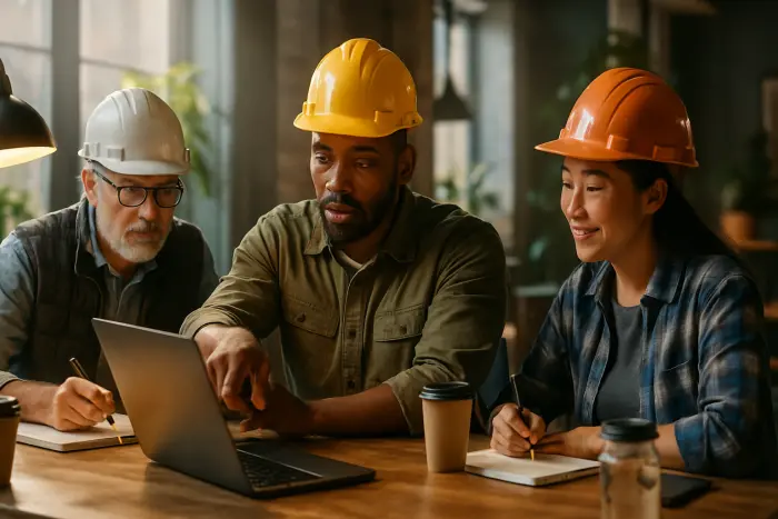 A diverse group of three contractors collaborating in a co-working space. They represent different ages and backgrounds, gathered around a table with laptops and notebooks. One person is explaining something while pointing at a screen, another is taking notes, and the third is nodding in agreement. Coffee cups and water bottles are scattered on the table. The space has industrial-modern design elements with plants and natural light. The scene captures the collaborative nature of successful contract work. Photo-realistic, professional photography, high-resolution, natural lighting, authentic details.