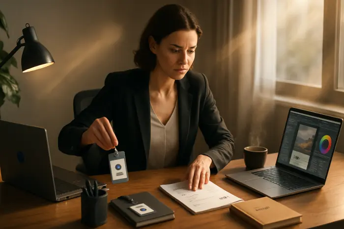 A professional woman sitting at a modern home office desk transitioning between two distinct workspaces. On the left side of her desk are corporate items (company laptop, employee badge, office supplies with corporate branding) while the right side shows freelance elements (personal laptop with creative software open, invoice documents, a notebook with "clients" written on it). The woman is confidently moving items from the corporate side to her freelance side, with a determined expression. Natural light streams in from a nearby window, illuminating her workspace. The scene captures the physical and psychological transition from employee to contractor status. Photo-realistic, professional photography, high-resolution, natural lighting, authentic details.