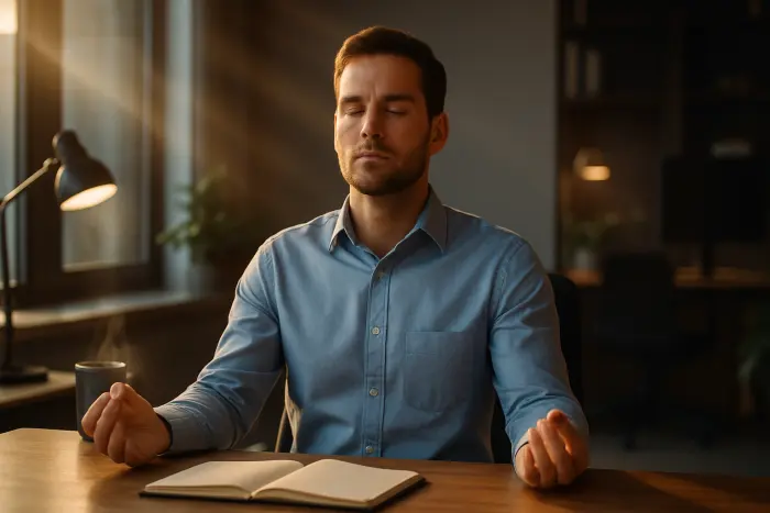 A person sitting alone at a desk, taking deep breaths with eyes closed in a calm meditation pose. They're wearing business casual attire in a modern office environment. A notebook is visible but closed on the desk. The lighting is soft and warm, creating a sense of quiet preparation before an important conversation. The person's body language shows both determination and centeredness. Photo-realistic, professional photography, high-resolution, natural lighting, authentic details.
