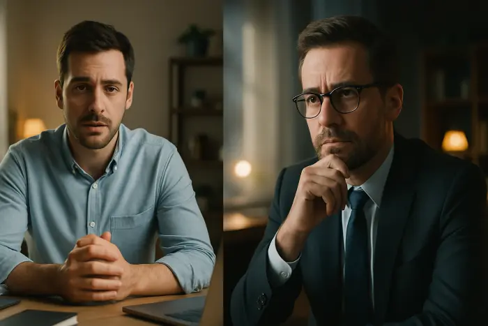 A split-screen video call between two professionals having a resignation conversation remotely. On one side, an employee in a home office setting with a neutral background speaks with a serious but composed expression. On the other side, a manager listens attentively with a thoughtful expression. Both are making eye contact through their screens. The lighting is natural and professional on both sides, with no visible documents or text. Their body language and facial expressions convey the importance of the conversation. Photo-realistic, professional photography, high-resolution, natural lighting, authentic details.