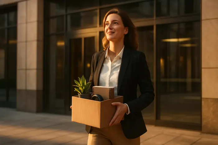 A professional walking confidently out of a modern office building, carrying a small box of personal items. Their expression shows a mixture of relief and optimism as they look forward. The lighting captures a late afternoon golden hour, symbolizing the end of one chapter and the beginning of another. The person is dressed professionally but comfortably, and their posture indicates moving forward with confidence. The office building appears modern and professional in the background. Photo-realistic, professional photography, high-resolution, natural lighting, authentic details.